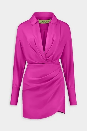 Naha Short Draped Shirt Silk Dress in Fuchsia