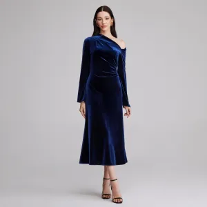 Navy Bare Shoulder Velvet Midi Dress