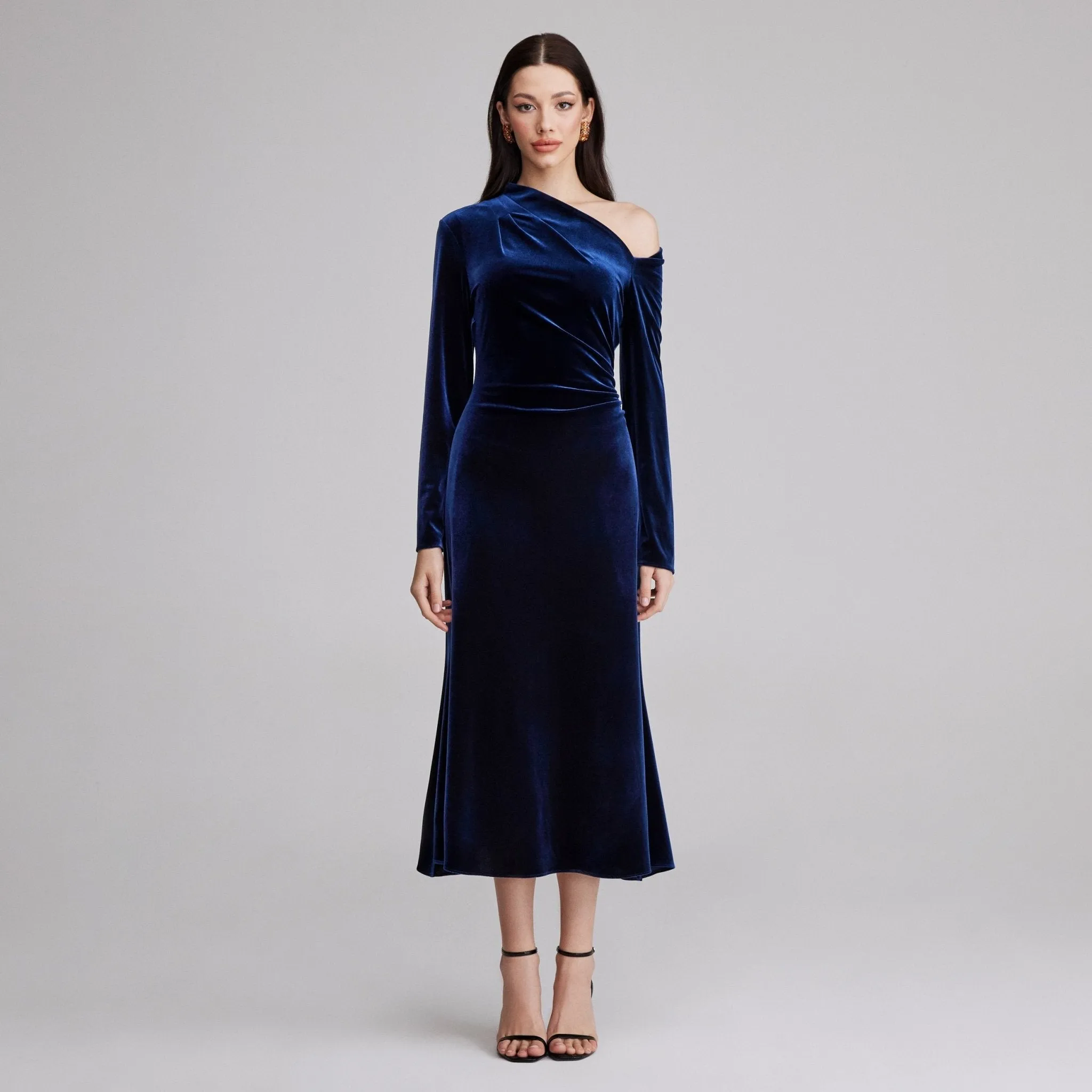 Navy Bare Shoulder Velvet Midi Dress