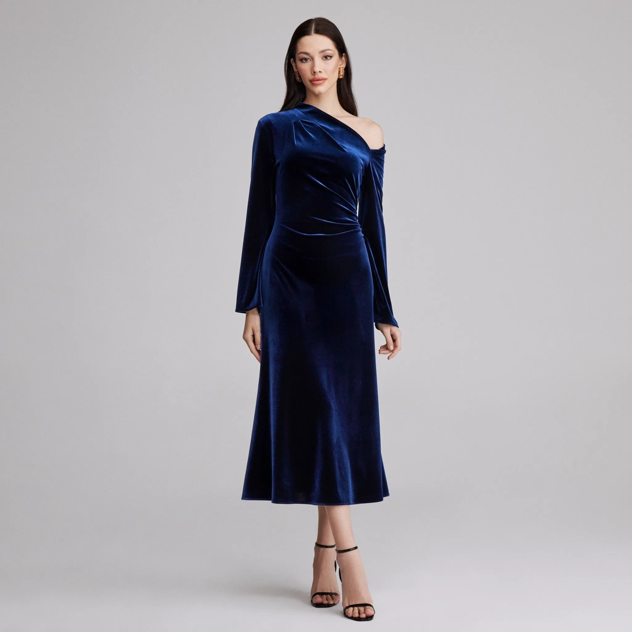 Navy Bare Shoulder Velvet Midi Dress