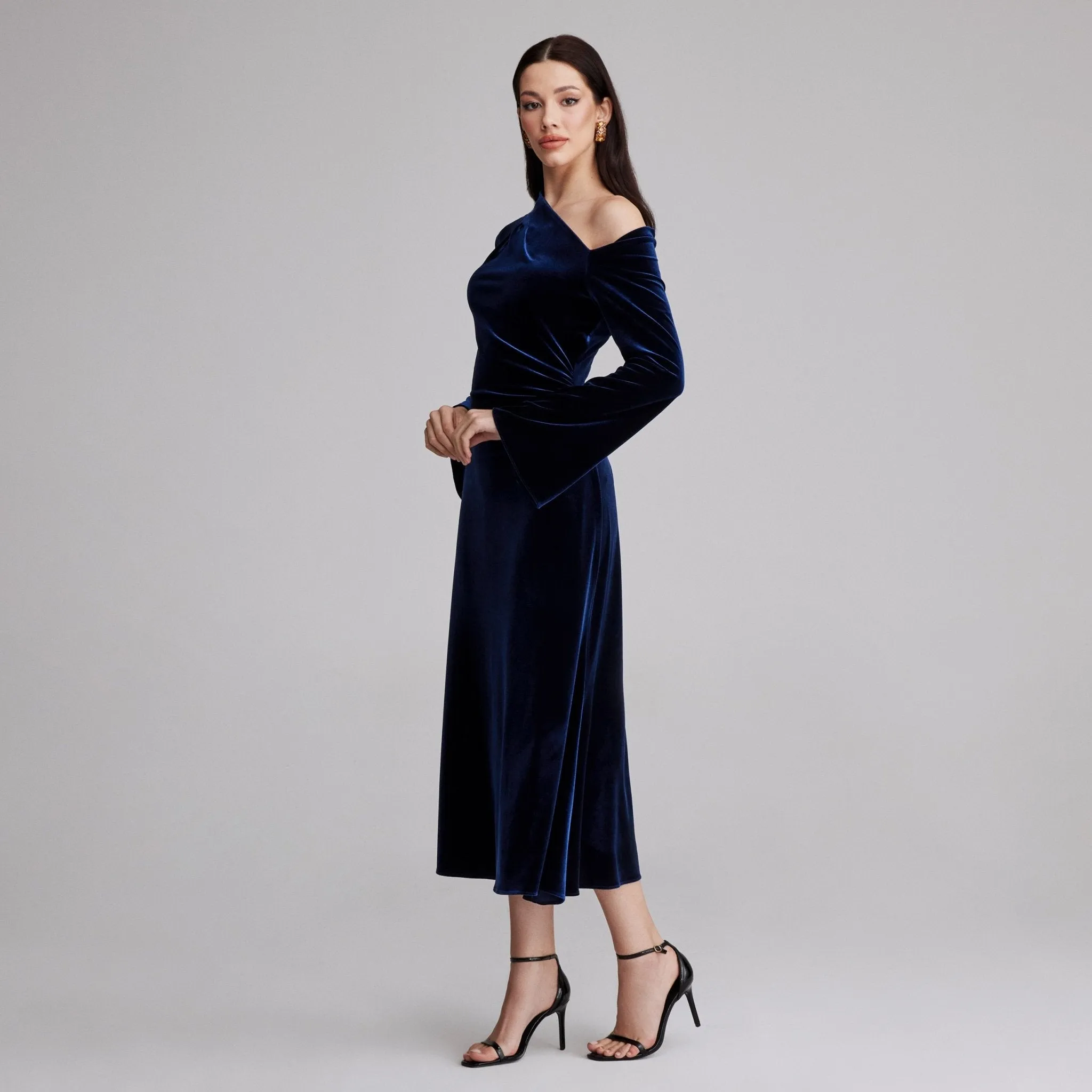 Navy Bare Shoulder Velvet Midi Dress