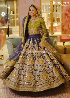 Navy Blue Bridal Lehenga with Green Choli Dress #BS616