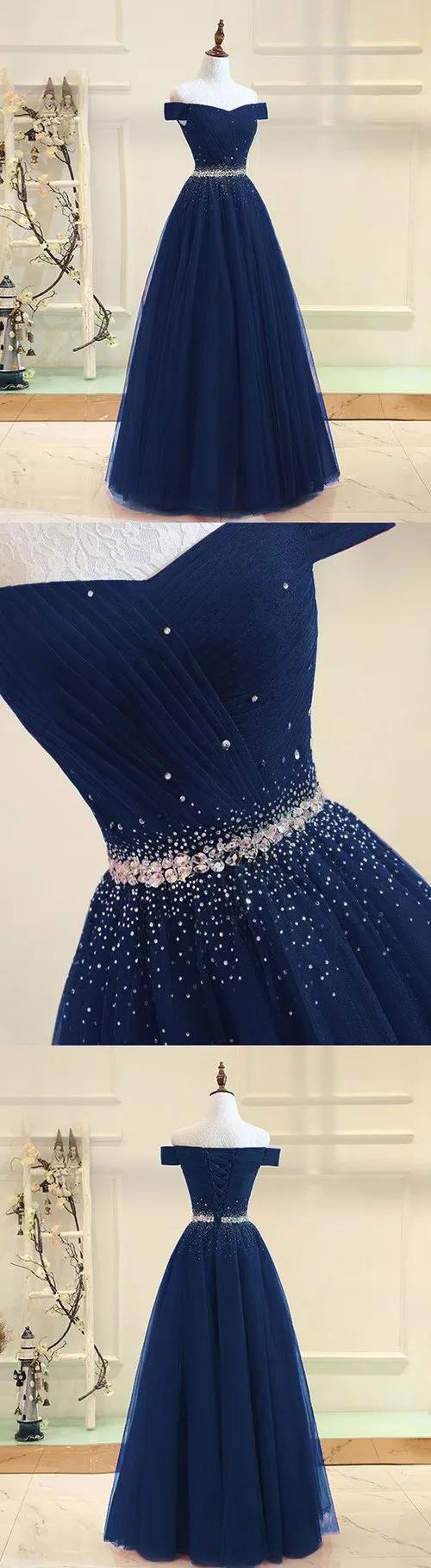 Navy Blue Off Shoulder Tulle Floor Length Long Prom Dress, Evening Dresses, MP404