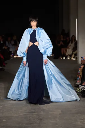 Navy Cut Out Gown with Taffeta Bubble Sleeve Cape