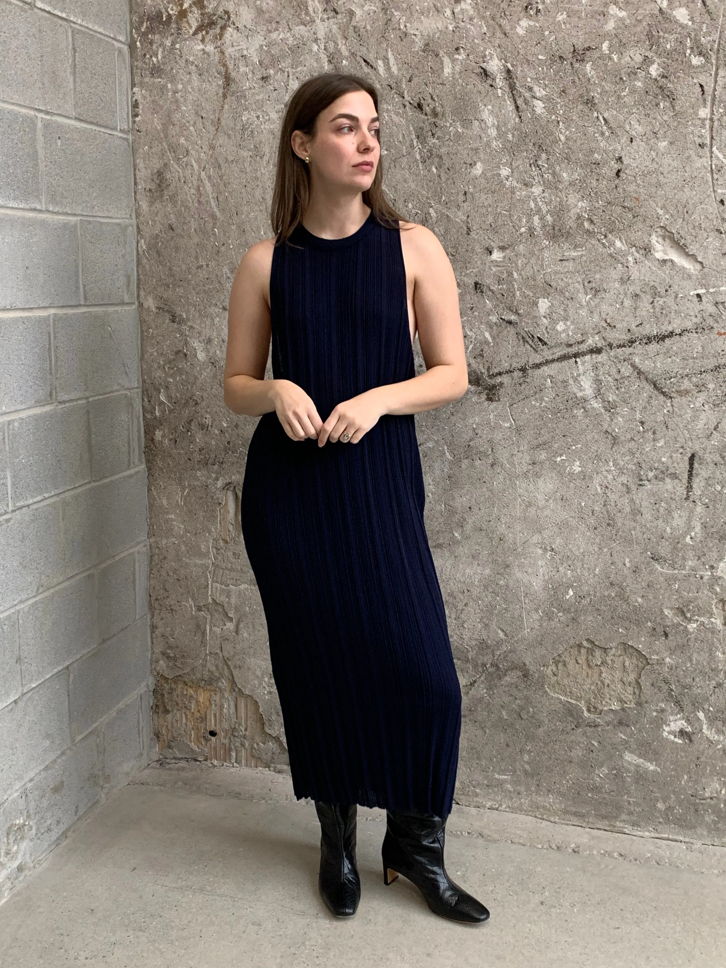 navy knit midi dress