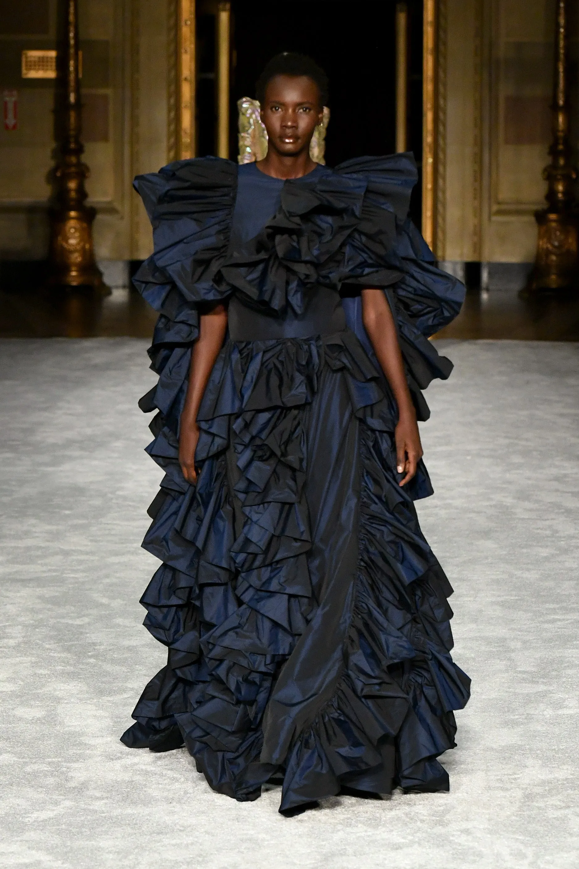Navy Taffeta Ruffled Evening Gown
