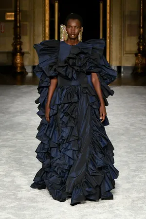 Navy Taffeta Ruffled Evening Gown