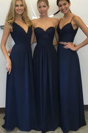 New Arrival Decent Lace Chiffon Navy Blue A Line Bridesmaid Dresses, MB180