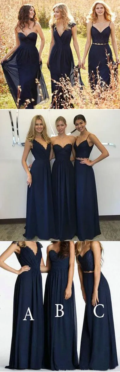 New Arrival Decent Lace Chiffon Navy Blue A Line Bridesmaid Dresses, MB180