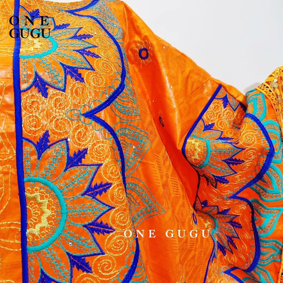 New Nigerian Original Bazin Dress Dashiki Brocade Embroiderey Basin Clothing 2022 Orange Mali Women Robe Wedding Party Dresses
