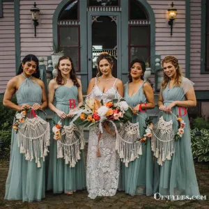 Newest Mismatched Charming Elegant Long Cheap Tulle Wedding Party Bridesmaid Dresses, TYP2041