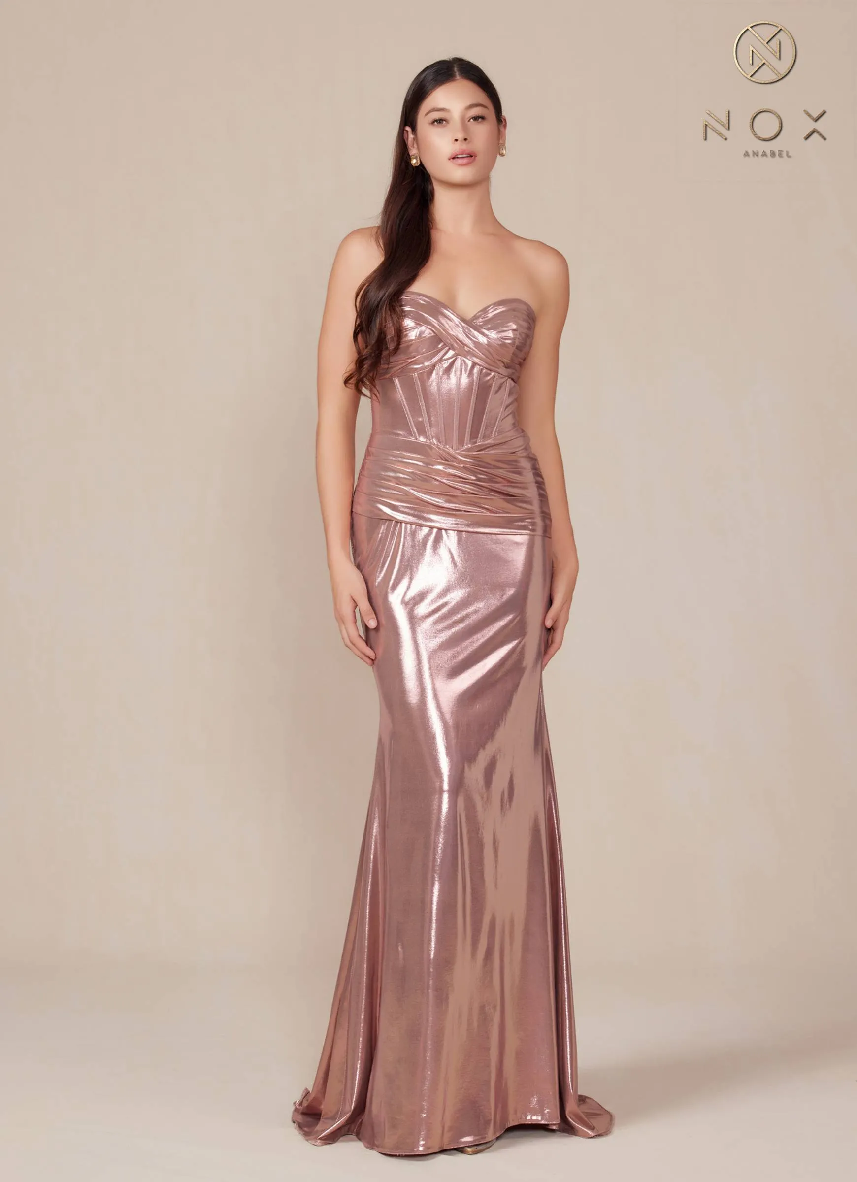 Nox Anabel T1499 Dress Strapless Metallic Satin Fitted Gown