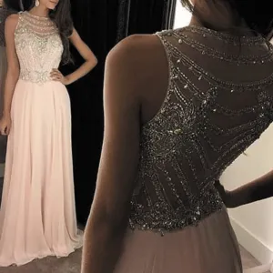 o neck beaded prom dresses long chiffon crystals a line pink a line cheap prom gown 2020 robe de soiree