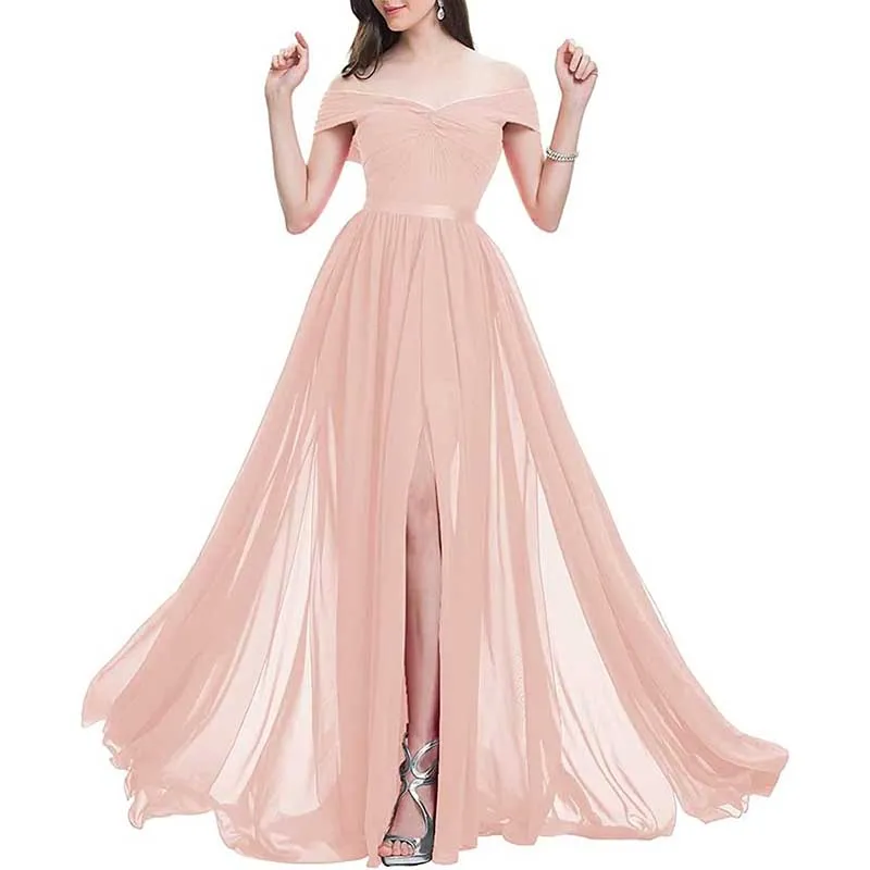 Off Shoulder Bridesmaid Dresses A-line Pleated Chiffon Formal Evening Gowns