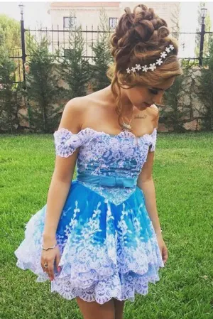Off Shoulder Lace Appliques Short Prom Gowns, Cute Homecoming Dress OKC44