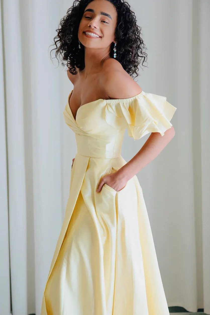 Off Shoulder Ruffles Long Yellow Prom Dress with Slit