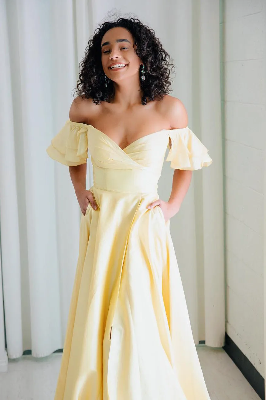 Off Shoulder Ruffles Long Yellow Prom Dress with Slit