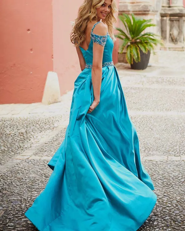 Off The Shoulder A line Blue Prom Dresses with Cap Sleeve Beaded 2018 Long Prom Party Gowns Pageant Dress