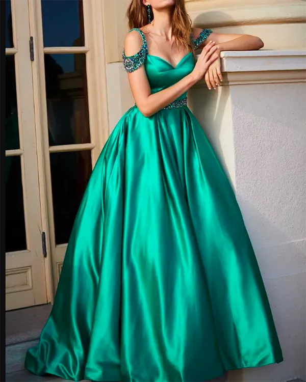 Off The Shoulder A line Blue Prom Dresses with Cap Sleeve Beaded 2018 Long Prom Party Gowns Pageant Dress