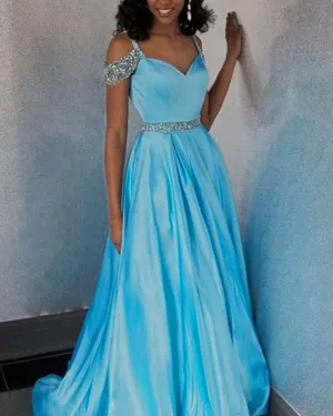 Off The Shoulder A line Blue Prom Dresses with Cap Sleeve Beaded 2018 Long Prom Party Gowns Pageant Dress