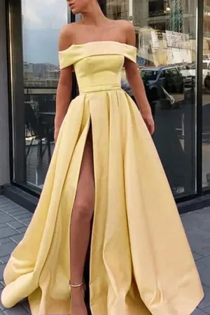 Off the Shoulder A-line Satin High Slit Yellow Prom Dresses, Long Formal Dresses,MP485