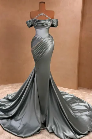 Off the shoulder Cap sleeves Gray Shiny Satin Court Train Prom Dresses
