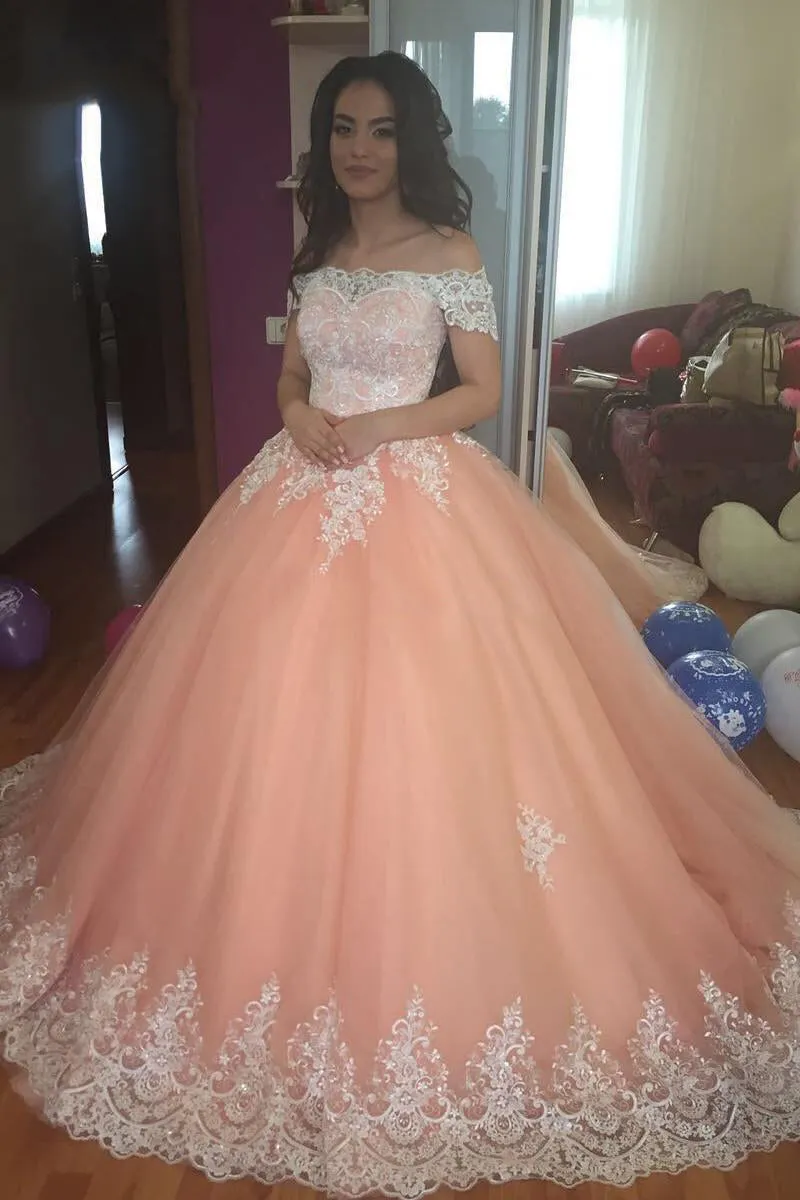 Off the Shoulder Lace Appliques Ball Gowns Cheap Prom Dresses,Quinceanera Dresses OKH96