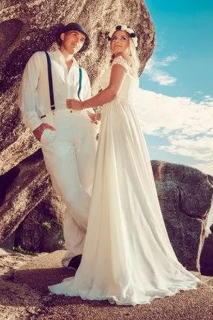 Off-The-Shoulder Lace Beach Chiffon Split Front Wedding Dress With Lace-714909