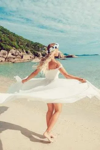 Off-The-Shoulder Lace Beach Chiffon Split Front Wedding Dress With Lace-714909