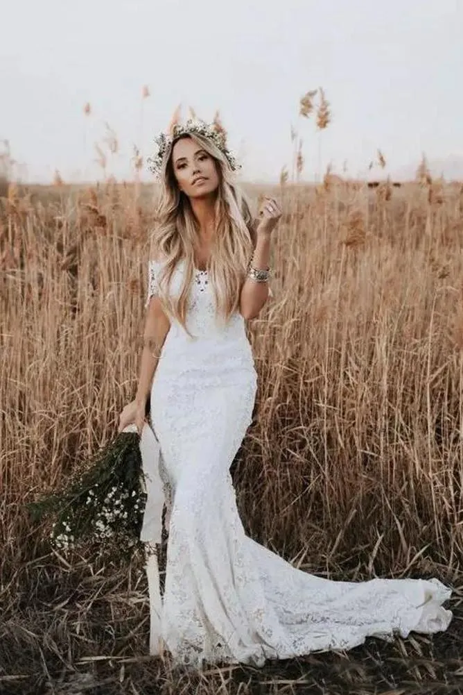 Off the Shoulder Luxury Lace Mermaid Wedding Dress with Sleeves Rustic Wedding Gown CA043