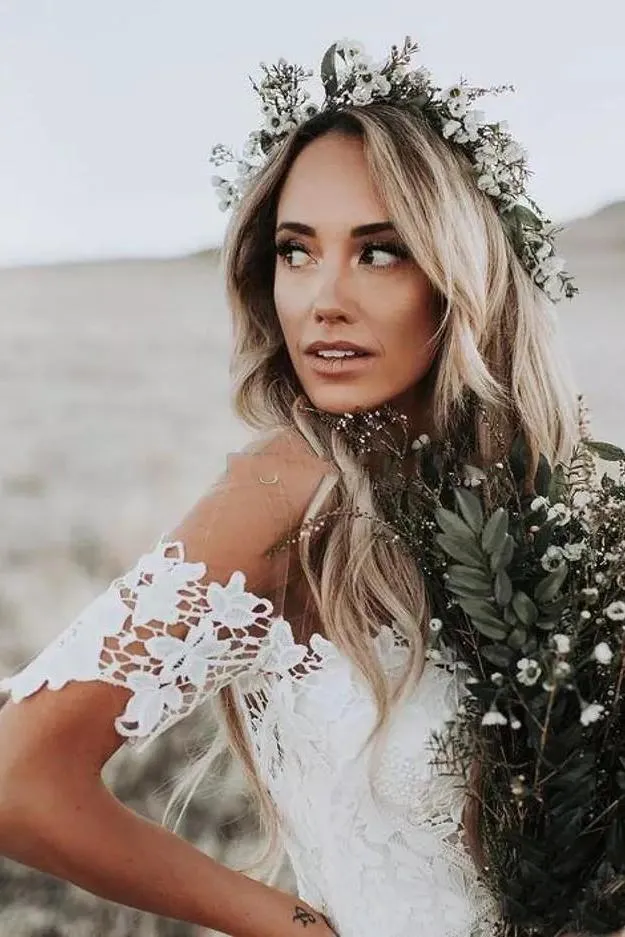 Off the Shoulder Luxury Lace Mermaid Wedding Dress with Sleeves Rustic Wedding Gown CA043