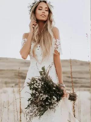 Off the Shoulder Luxury Lace Mermaid Wedding Dress with Sleeves Rustic Wedding Gown CA043