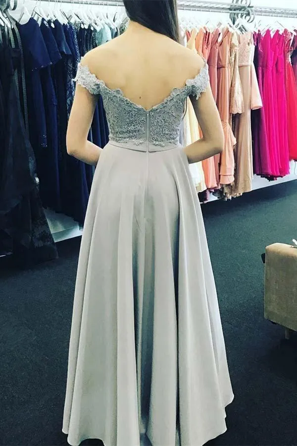 Off-the-Shoulder Sweep Train Grey Chiffon Prom Dress with Appliques PG473