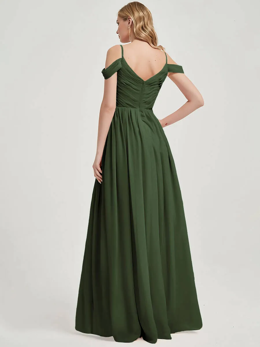 Olive Spaghetti Straps Pleated Chiffon Floor Length Bridesmaid Dress
