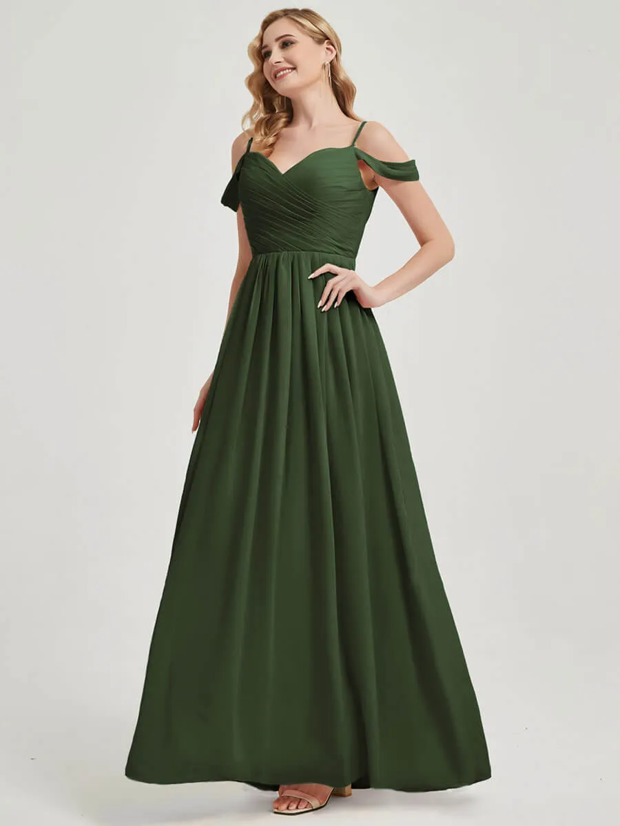 Olive Spaghetti Straps Pleated Chiffon Floor Length Bridesmaid Dress