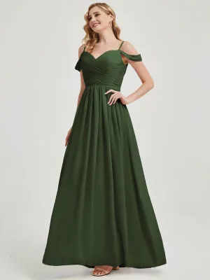 Olive Spaghetti Straps Pleated Chiffon Floor Length Bridesmaid Dress