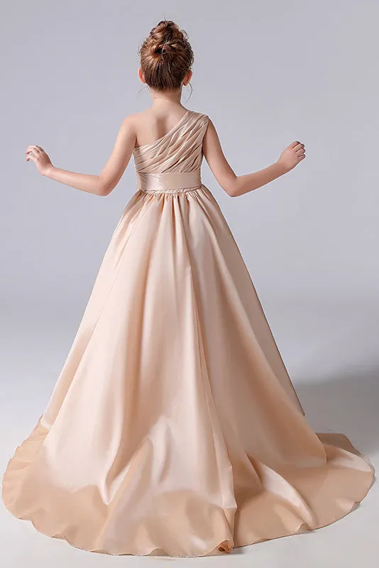 One shoulder Champagne Pleats Flower Girl Dresses With Flower Belt
