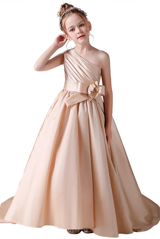 One shoulder Champagne Pleats Flower Girl Dresses With Flower Belt