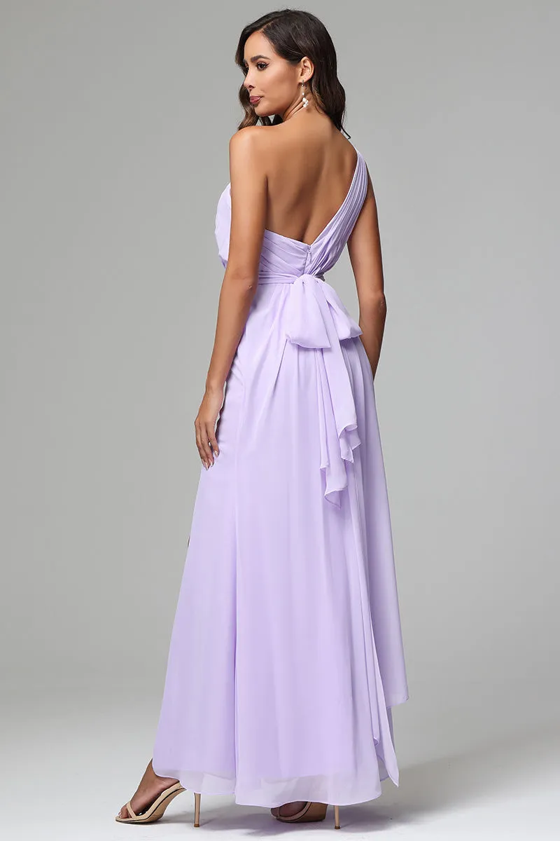 One Shoulder Chiffon Long Dresses with Slit for Wedding Guest