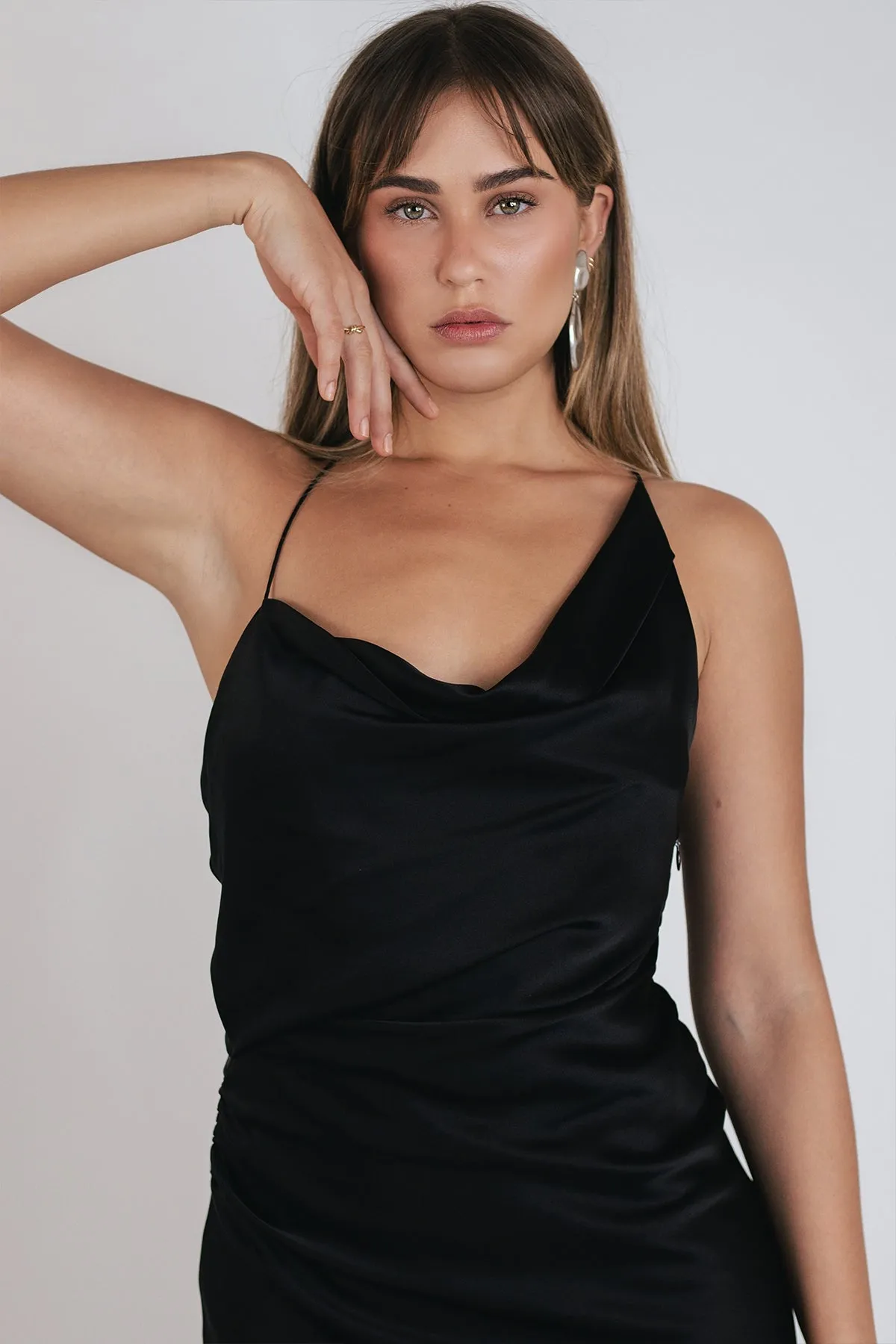 One-Shoulder Cowl Dress in Black