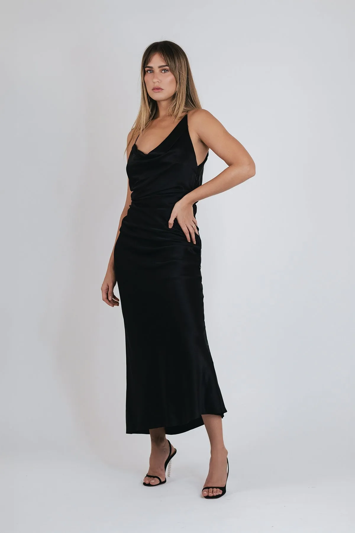 One-Shoulder Cowl Dress in Black