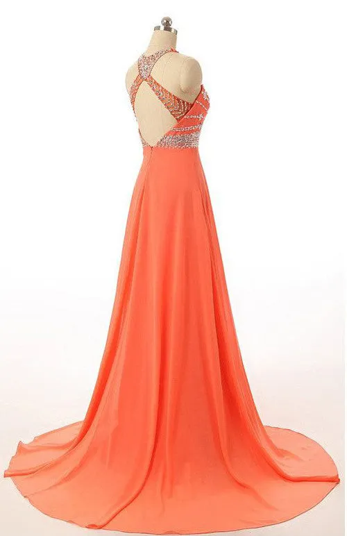 Orange Long Prom Dresses, Chiffon Open Back Prom Gowns, Evening Dress With Beading, MP32