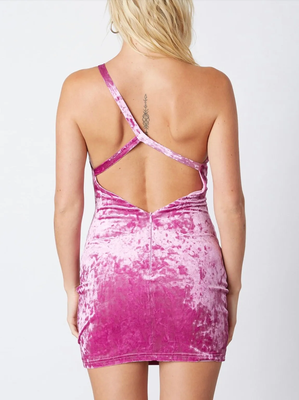 Orchid Crushed Velvet One Shoulder Open Back Mini Dress