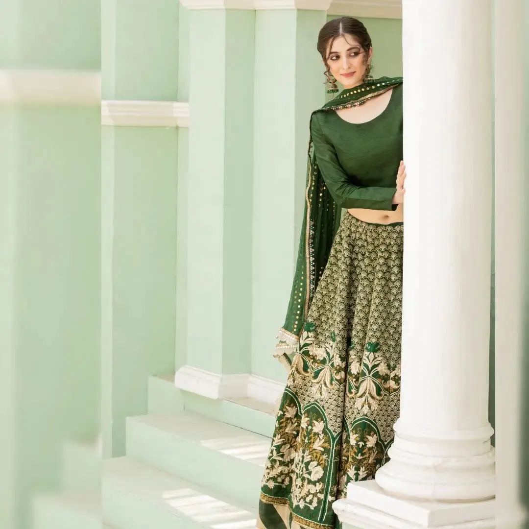 Pakistani Bridal Dress in Green Lehenga Choli Style