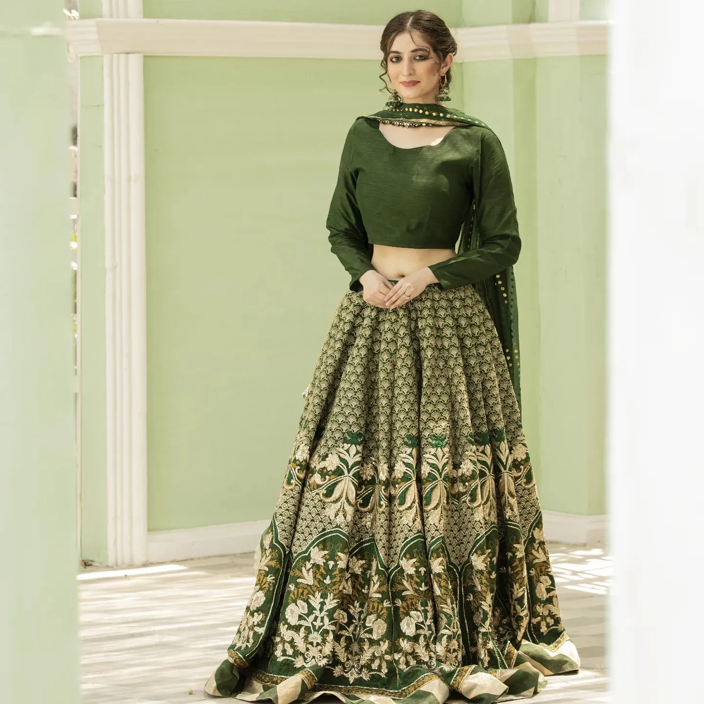 Pakistani Bridal Dress in Green Lehenga Choli Style
