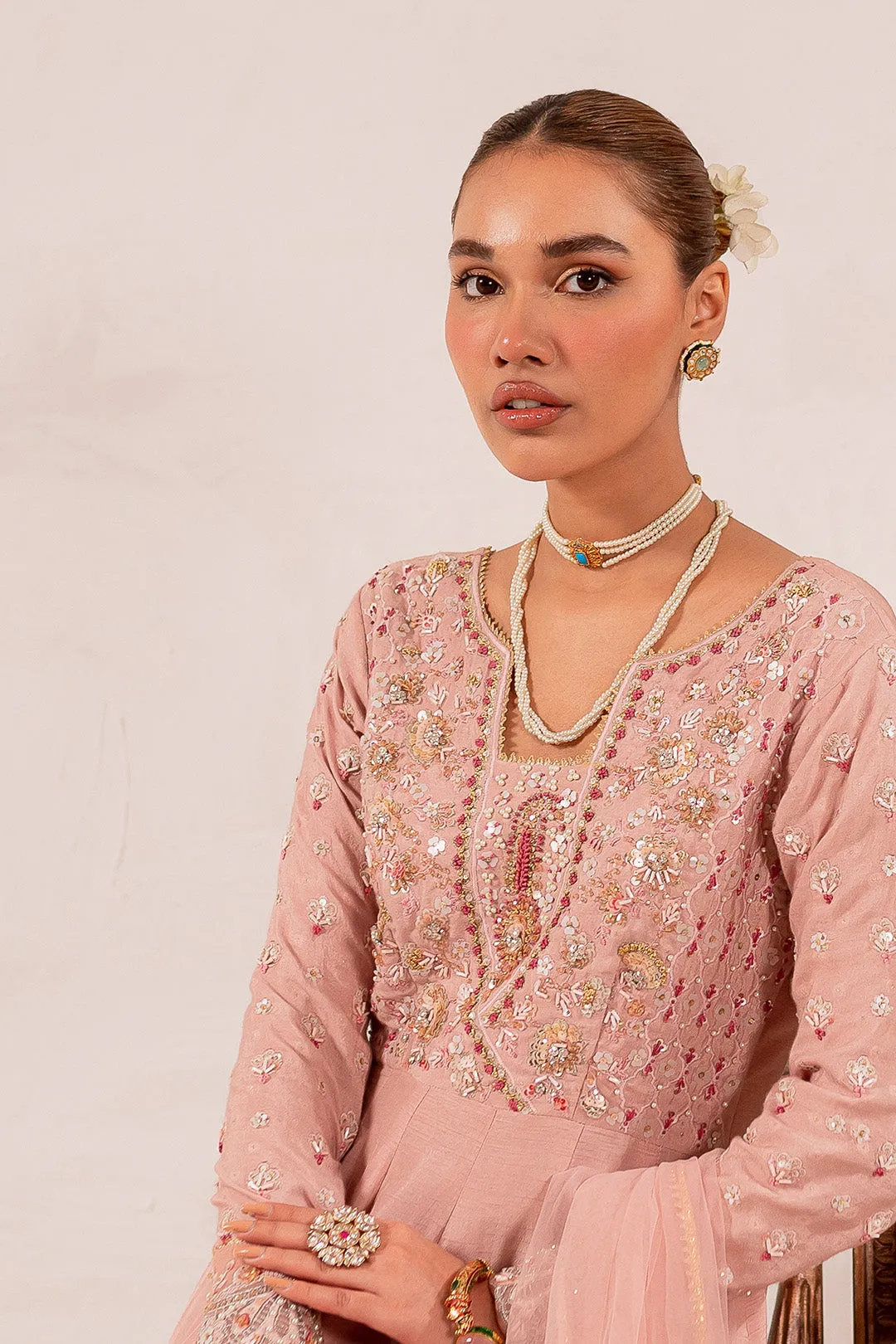 Pakistani Eid Dress in Raw Silk Soft Pink Pishwas Style