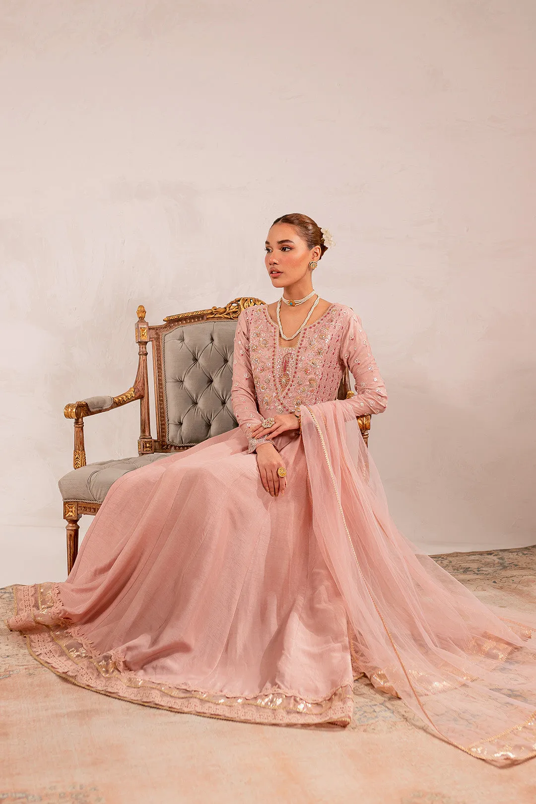 Pakistani Eid Dress in Raw Silk Soft Pink Pishwas Style