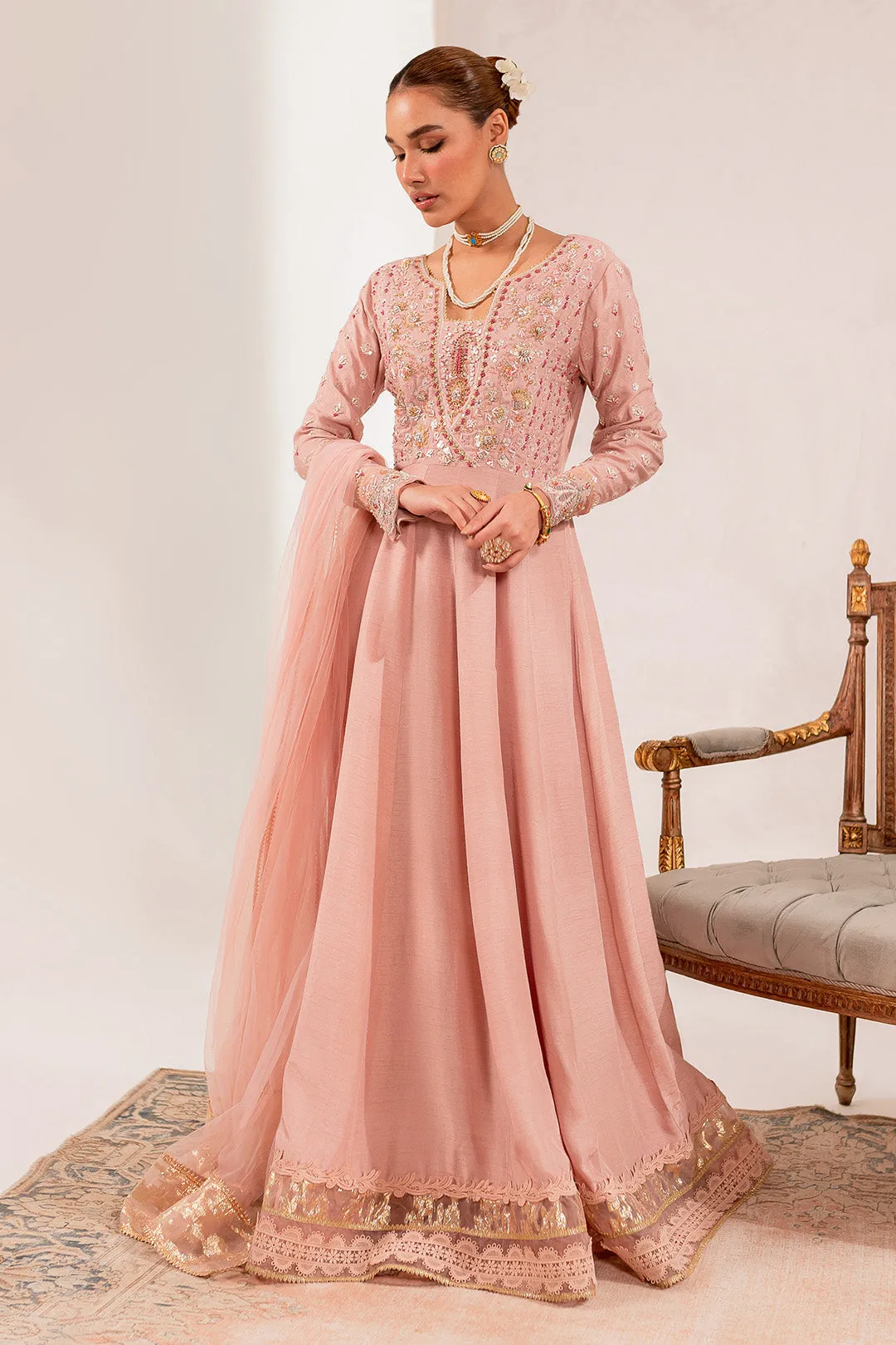 Pakistani Eid Dress in Raw Silk Soft Pink Pishwas Style