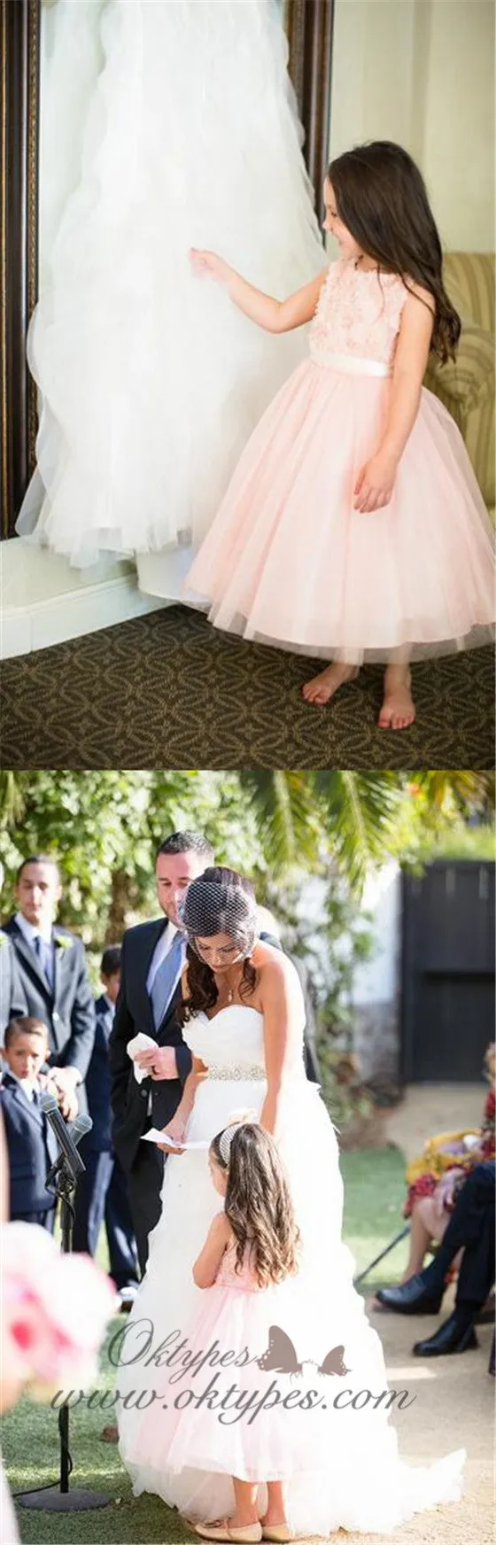 Pink A-Line Tulle Flower Girl Dresses, Popular Applique Little Girl Dresses, TYP1418