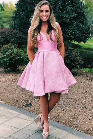 Pink Satin A-line V-neck Homecoming Dress With Pocket, Graduation Dress, MH573